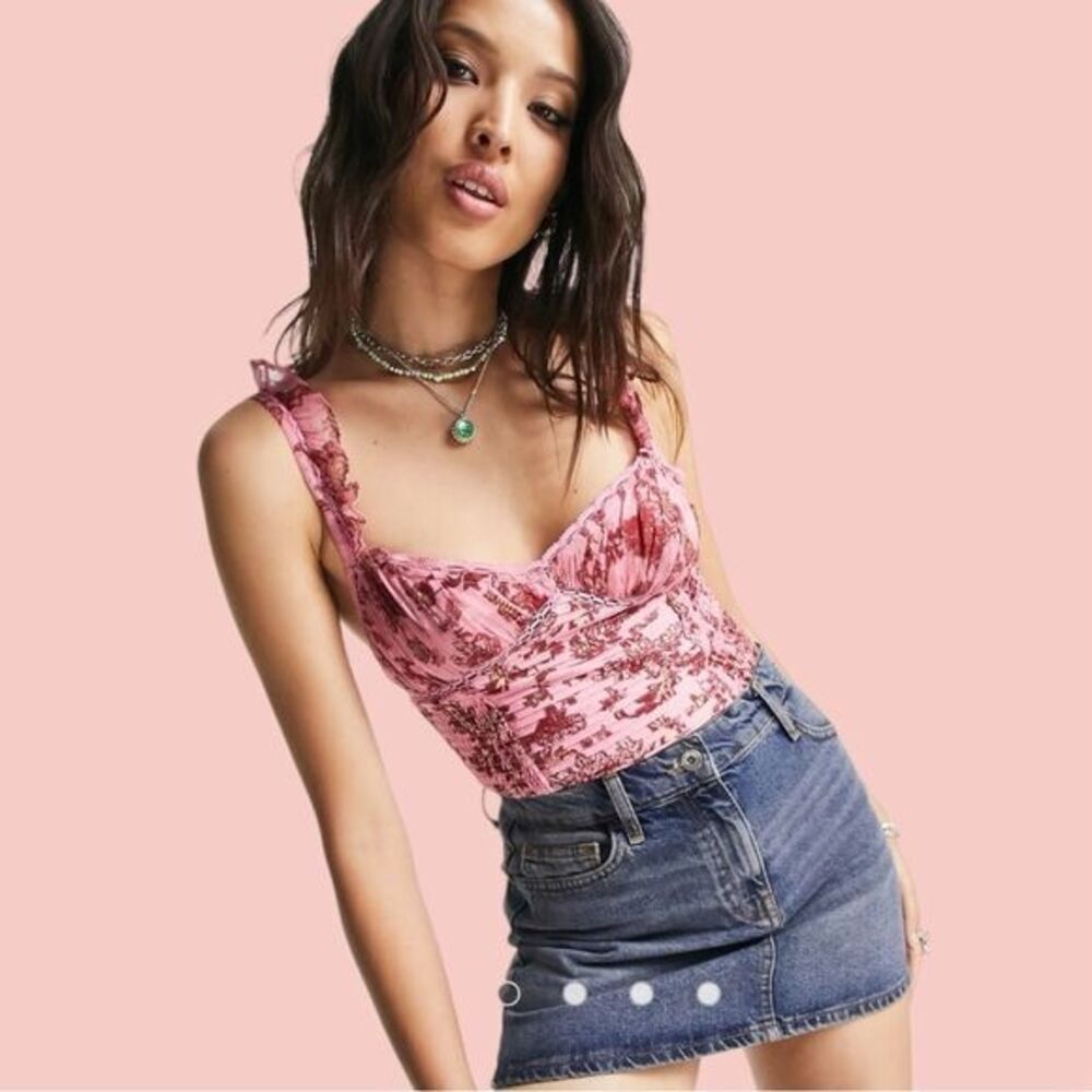 Free People XS Ruched Front Pink Micro Floral Bodysuit Coquette Fairy‎ Girl New